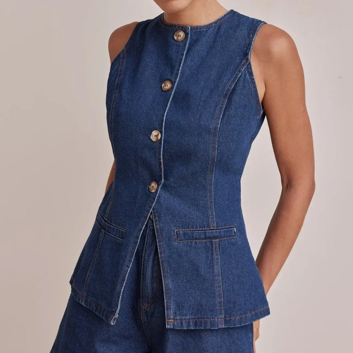 Denim Vest and Wide-Leg Shorts Set with Tortoise Buttons and High-Rise Cinched Waist