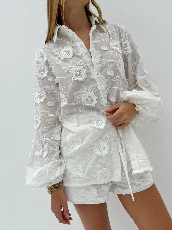 Embroidered Lounge Set with Sheer Button-Up Top and Floral Lace Detail in White