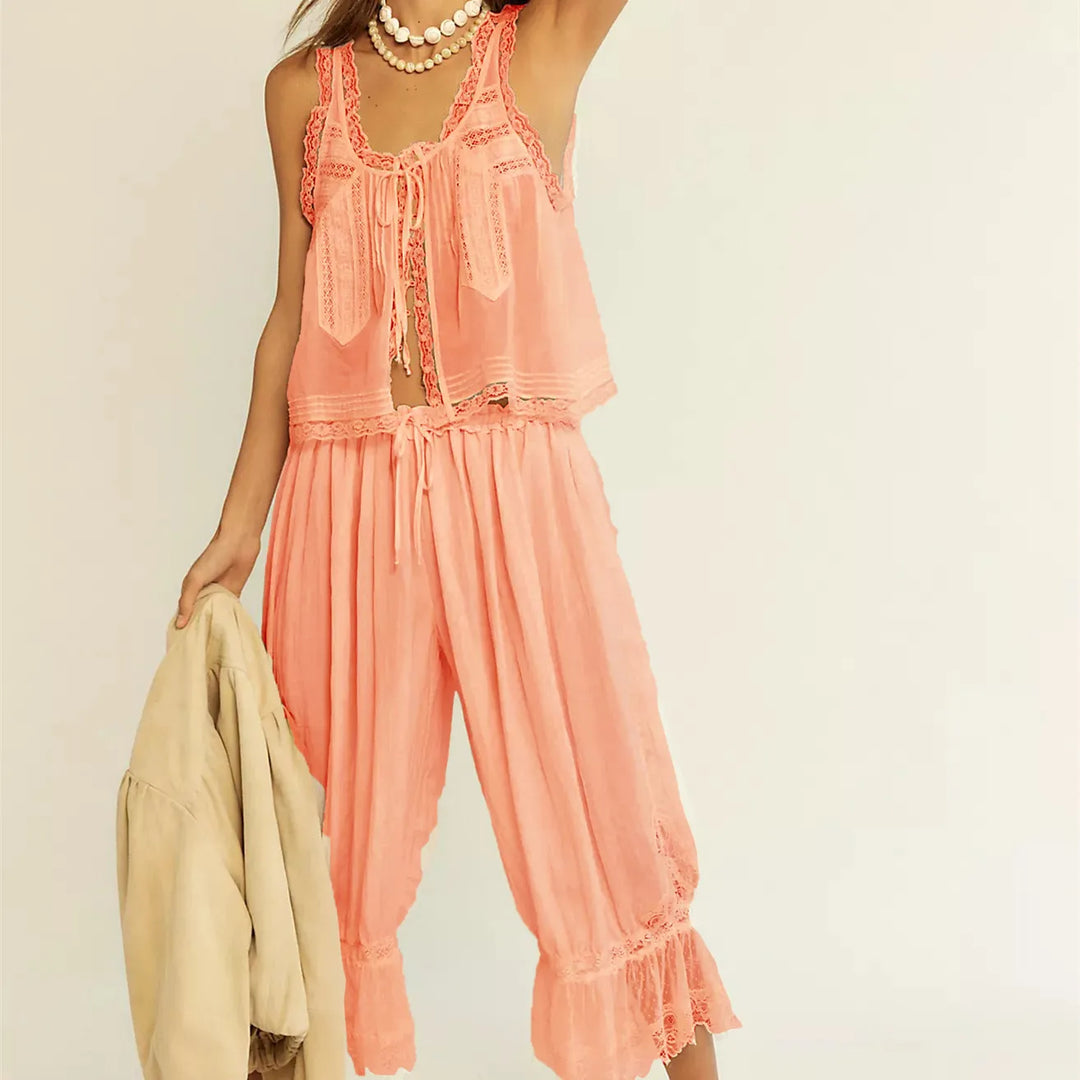 Lace-Trim Cotton Two-Piece Set with Tank Top and Wide-Leg Drawstring Pants