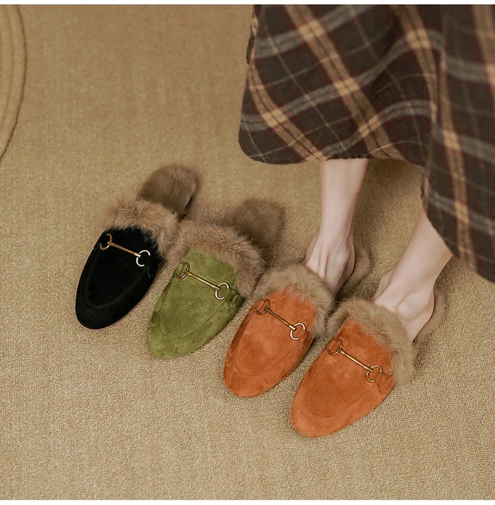 Fur-Lined Suede Mule Slippers with Premium Lamb and Rabbit Fur Lining and Gold-Tone Hardware
