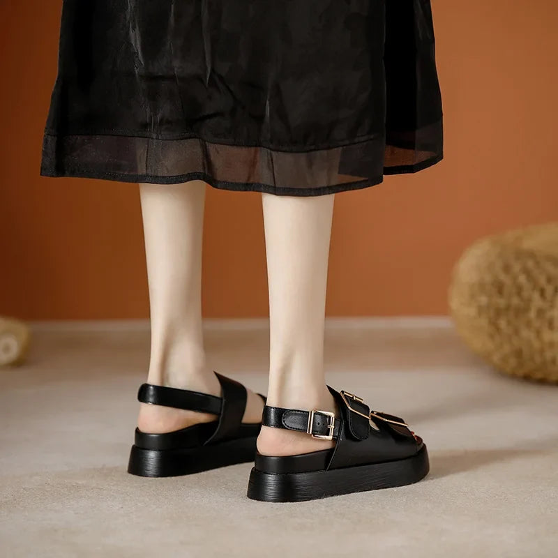Platform Sandal in Ivory Vegan Leather with Double Buckle Straps and Built-In Supportive Insole