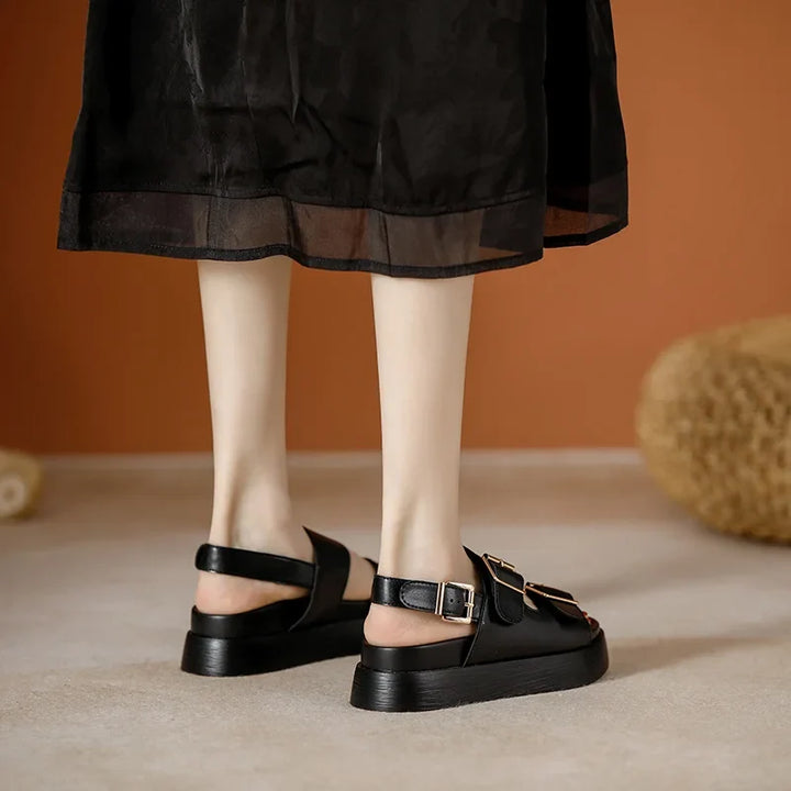 Platform Sandal in Ivory Vegan Leather with Double Buckle Straps and Built-In Supportive Insole