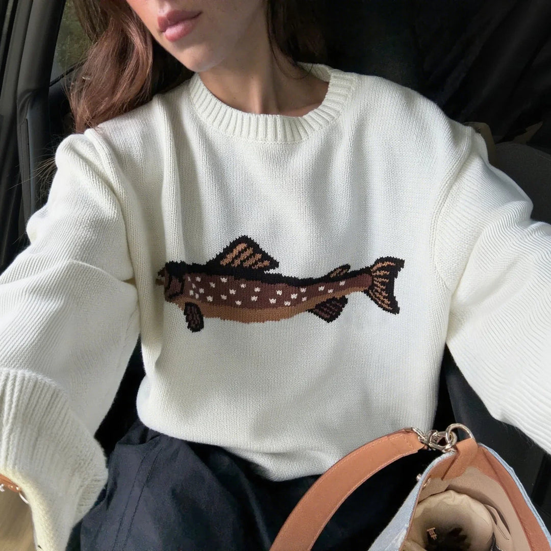 Half-Zip Wool-Blend Sweater with Intarsia Fish Motif, Ribbed Cuffs, and Relaxed Oversized Fit