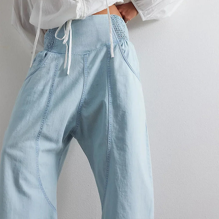 Wide Leg Harem Pants in Cotton-Linen Blend with Washed Denim Look and Curved Seam Design