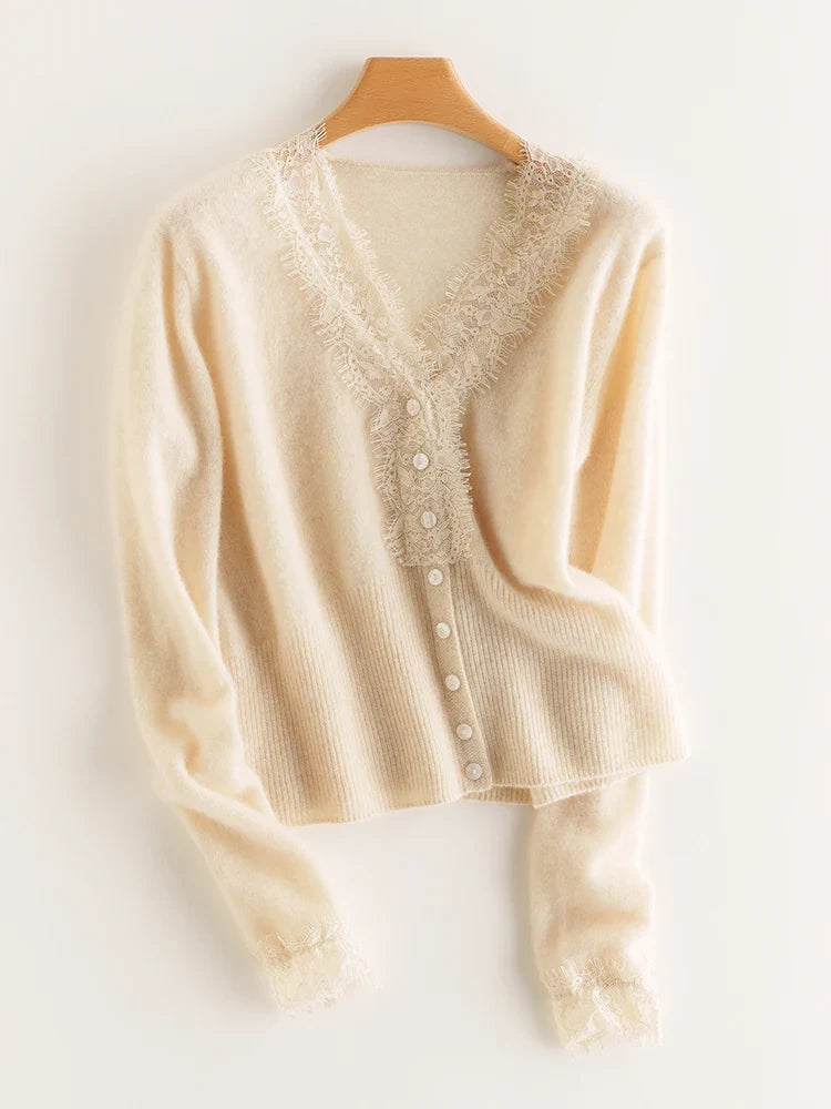 Cashmere Cardigan with Lace-Trim Detail and Relaxed Knit Fit in Khaki