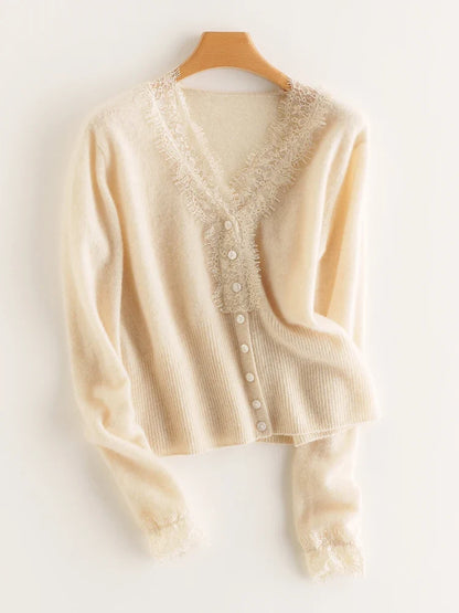 Cashmere Cardigan with Lace-Trim Detail and Relaxed Knit Fit in Khaki