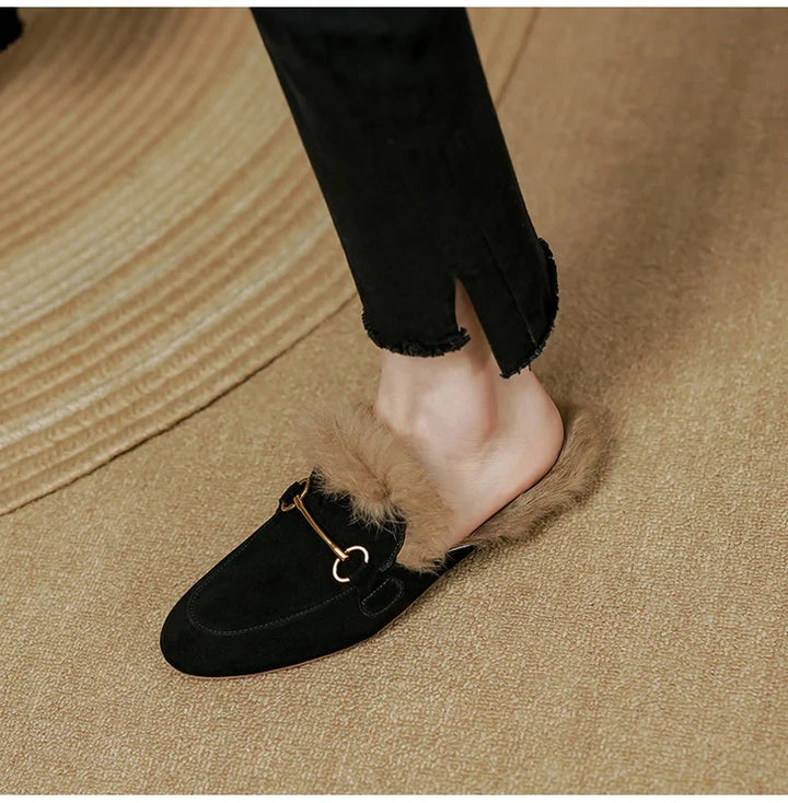 Fur-Lined Suede Mule Slippers with Premium Lamb and Rabbit Fur Lining and Gold-Tone Hardware