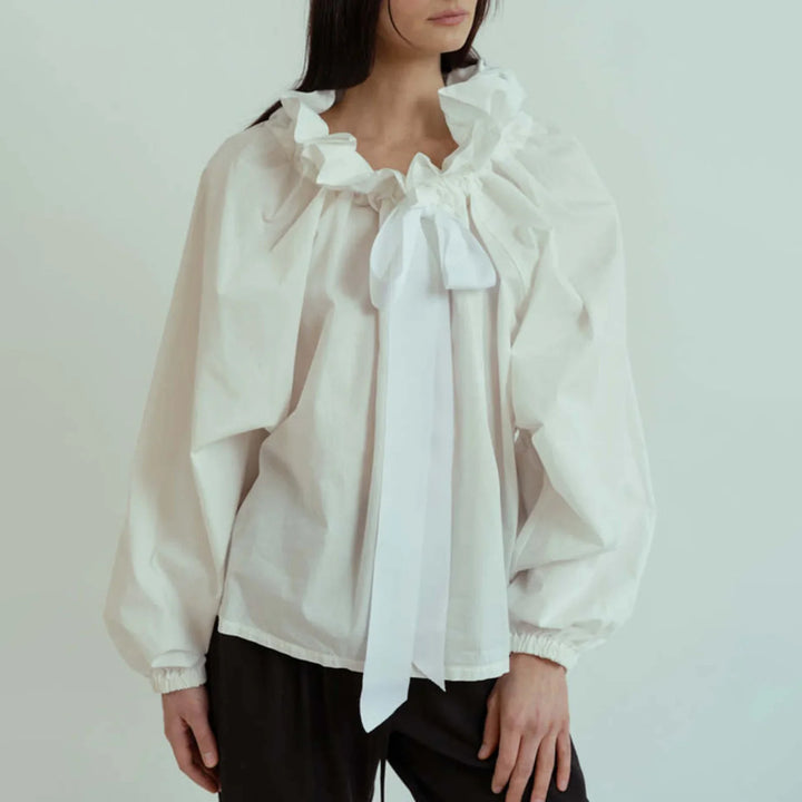 Ruffled Collar Blouse with Oversized Bow Tie and Lantern Sleeves, Checkered Print