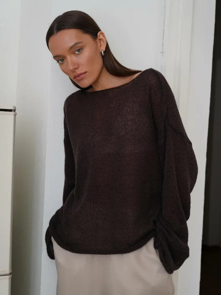 Boatneck Sweater in Merino Wool Blend with Relaxed Fit and Long Sleeves