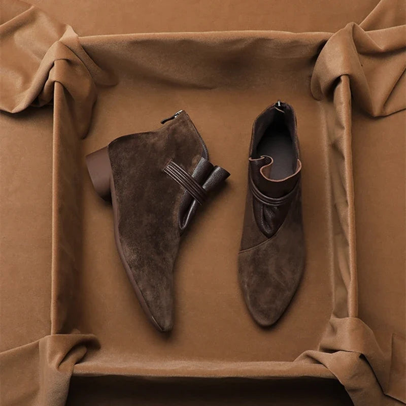 Suede Ankle Boots with Pointed Toe, Side Zip and Low Heel, Women's Vivienne