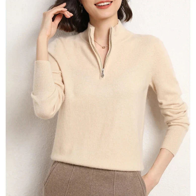 Cashmere Half-Zip Pullover Sweater with Stand-Up Collar, Standard Fit, Beige