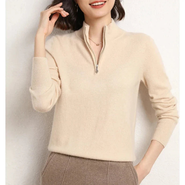 Cashmere Half-Zip Pullover Sweater with Stand-Up Collar, Standard Fit, Beige