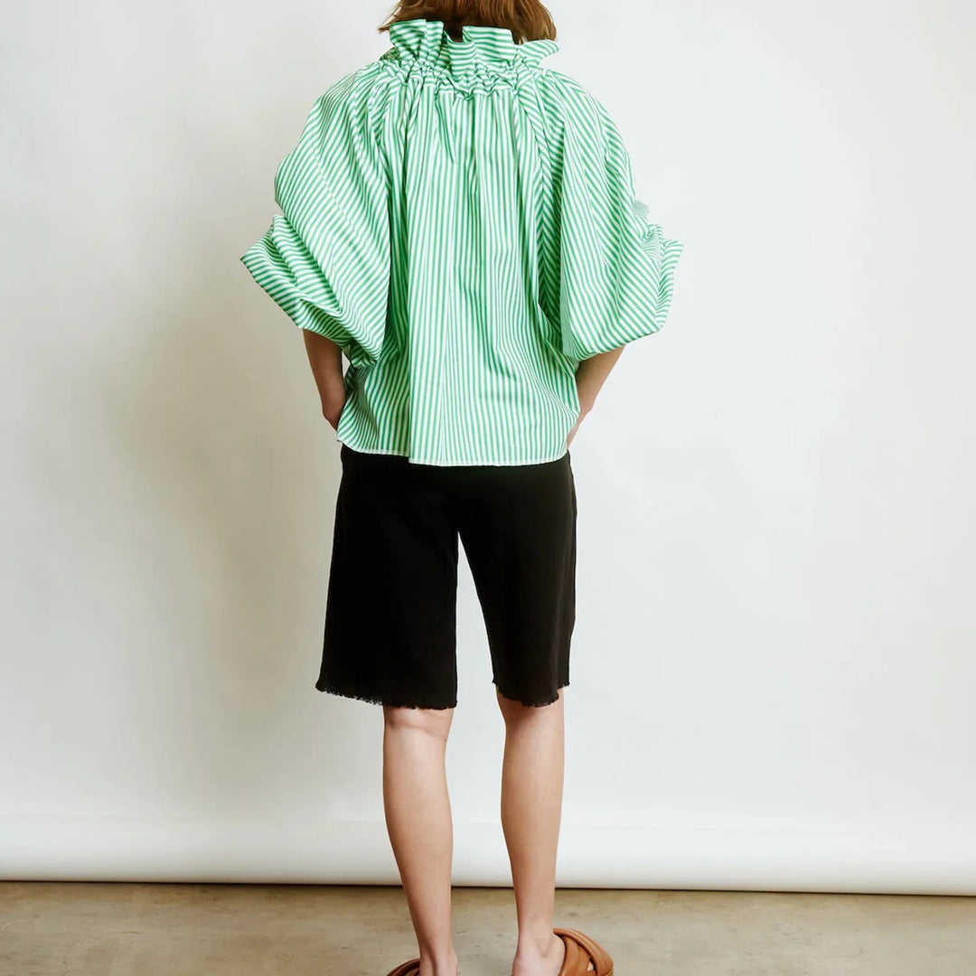 Ruffled Collar Blouse with Oversized Bow Tie and Lantern Sleeves, Checkered Print