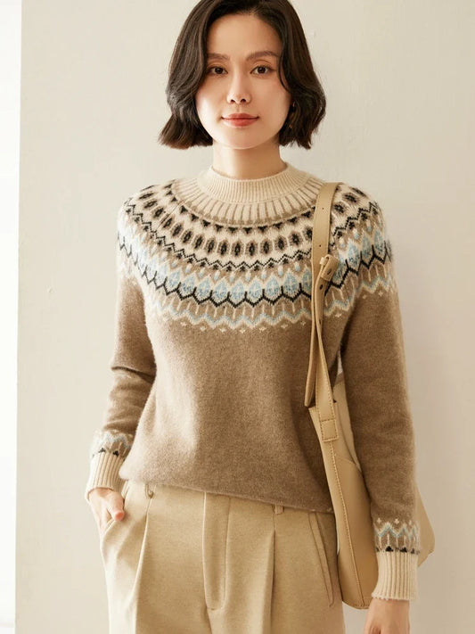Fair Isle Jacquard Mock Neck Sweater in Soft 100% Cashmere, Camel Colorway