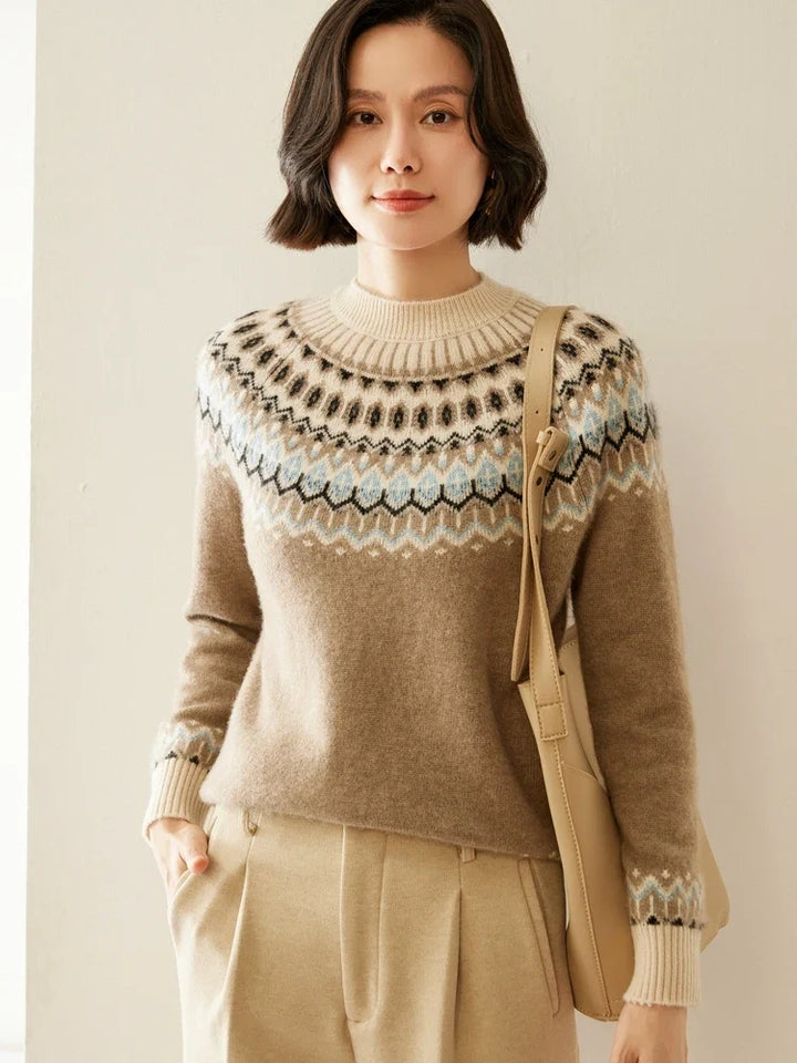 Fair Isle Jacquard Mock Neck Sweater in Cashmere-Soft Knit, Camel Colorway