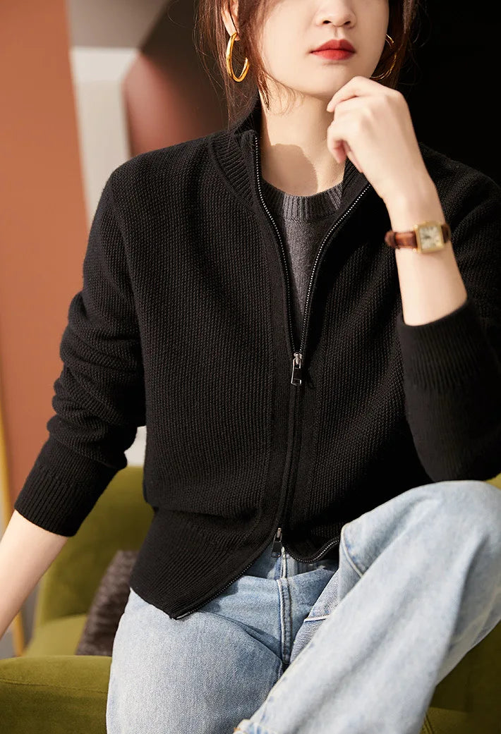 Merino Wool Zip Cardigan with Standing Collar, Double-Zip Closure and Ribbed Knit Texture
