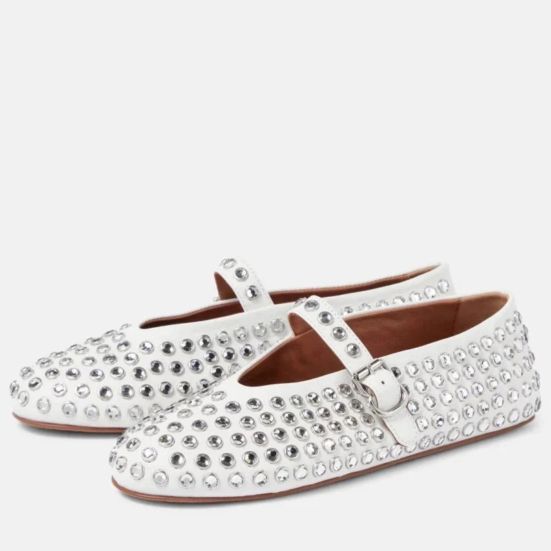 Mary Jane Flats with Crystal-Studded Leather Upper and Adjustable Ankle Strap