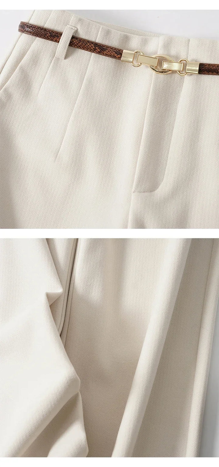 Wide Leg Wool Blend Trousers with High-Waist Fit, Tailored Crease, and Matching Belt