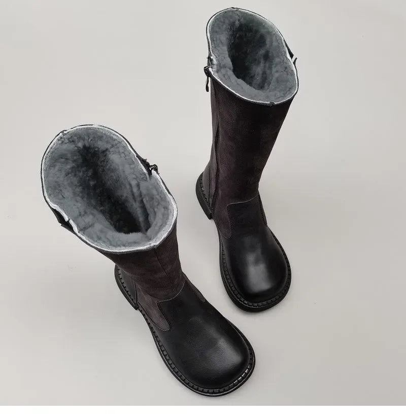Shearling Riding Boots in Premium Leather-Look with Wool Lining and Side Zipper, Brown