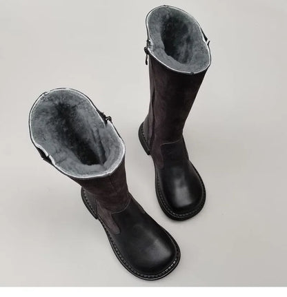 Shearling Riding Boots in Genuine Leather with Wool Lining and Side Zipper, Brown
