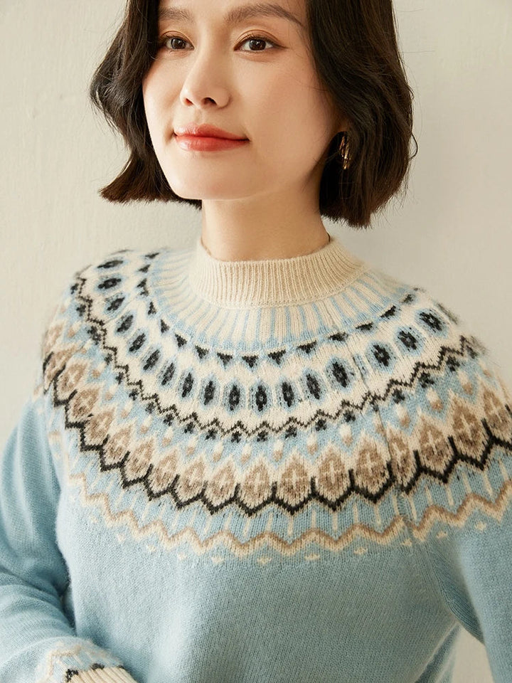 Fair Isle Jacquard Mock Neck Sweater in Cashmere-Soft Knit, Camel Colorway