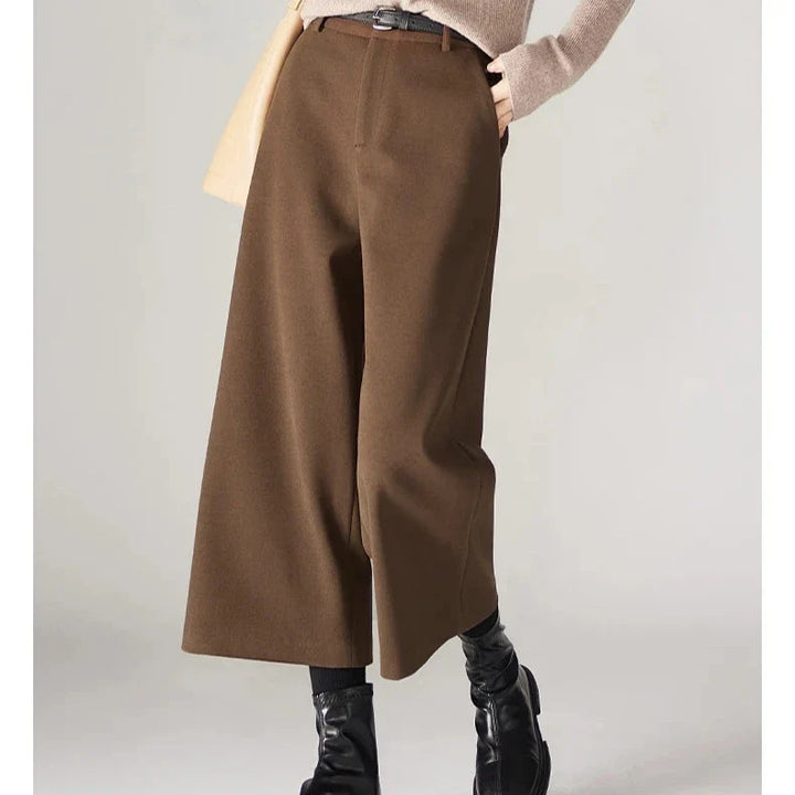 Wide Leg Wool Blend Pants with High-Waist Elastic Design and Ankle-Length Fit