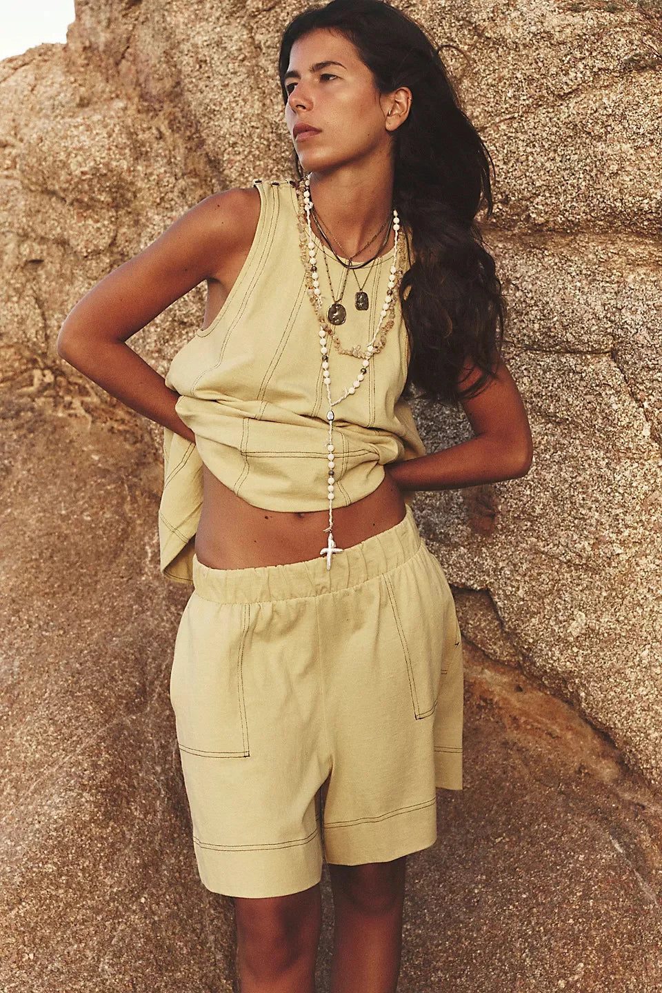 Two-Piece Cotton Set, Cropped Tank Top and Elastic-Waist Shorts with Raw Seam Detailing in Sunwashed Yellow