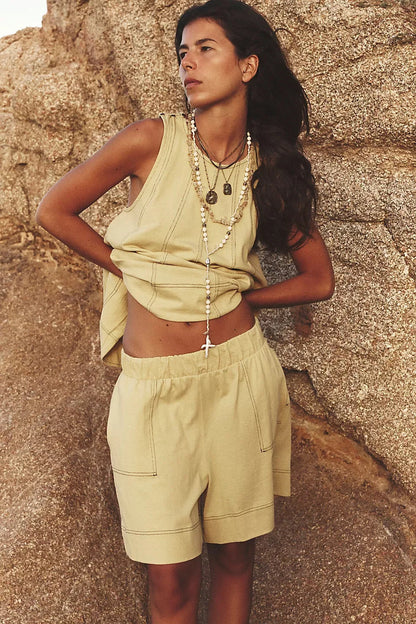 Two-Piece Cotton Set, Cropped Tank Top and Elastic-Waist Shorts with Raw Seam Detailing in Sunwashed Yellow
