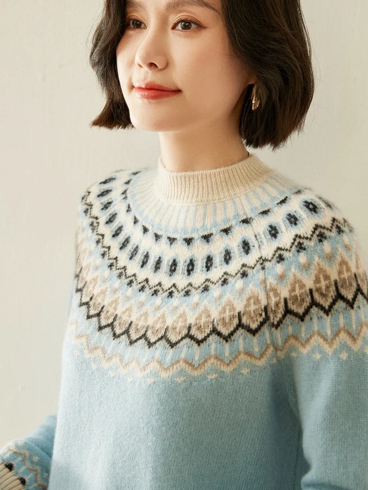 Fair Isle Jacquard Mock Neck Sweater in Cashmere-Soft Knit, Camel Colorway