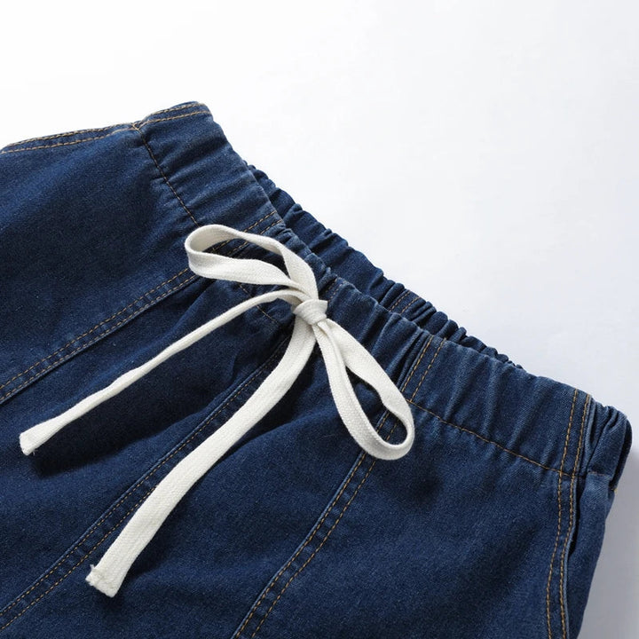 Button-Down Shirt and Drawstring Shorts 2-Piece Denim Set in Organic Cotton Blend with Elastic Waist
