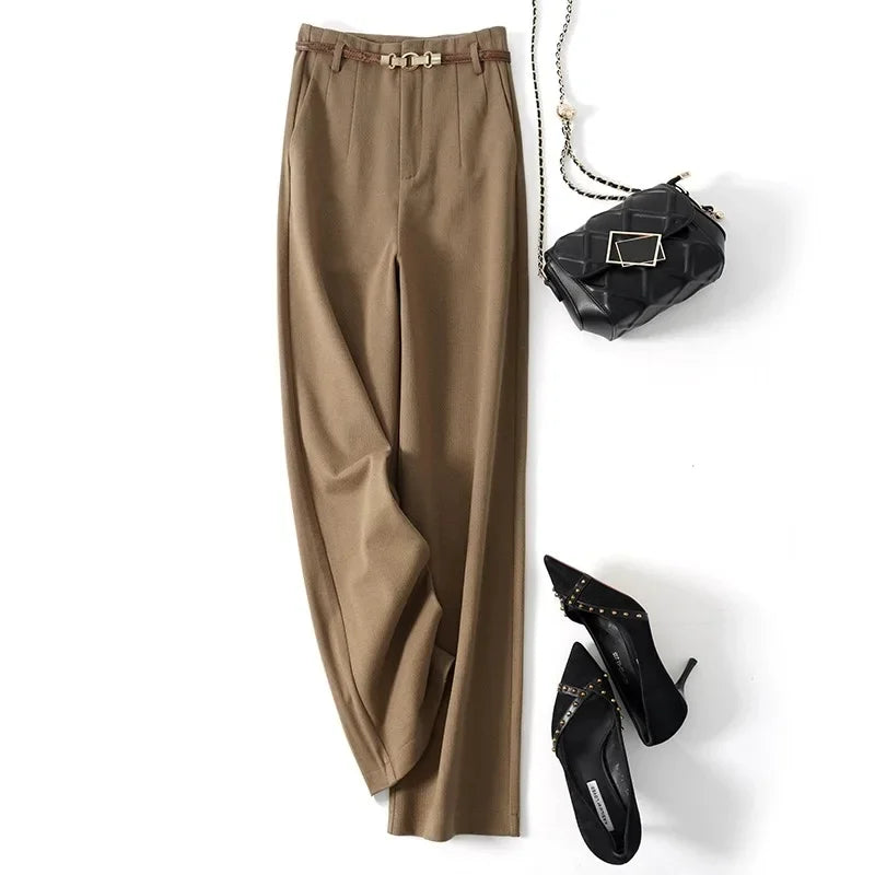Wide Leg Wool Blend Trousers with High-Waist Fit, Tailored Crease, and Matching Belt