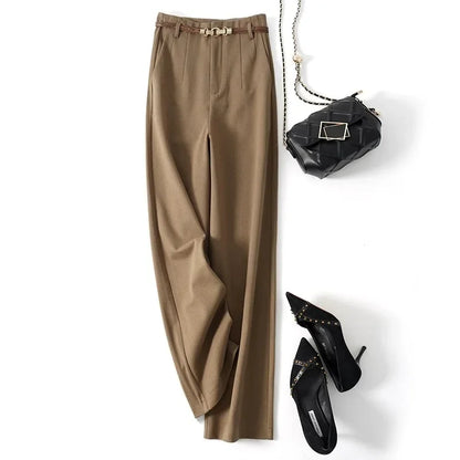 Wide Leg Wool Blend Trousers with High-Waist Fit, Tailored Crease, and Matching Belt
