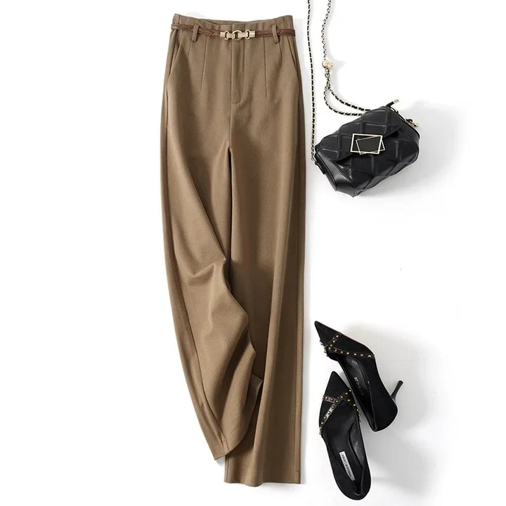 Wide Leg Wool Blend Trousers with High-Waist Fit, Tailored Crease, and Matching Belt