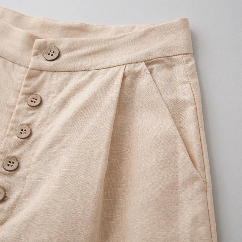 Wide-Leg Pant in 100% Cotton with Hidden Elastic Waistband, Button-Fly Front, and Ankle-Length Cut