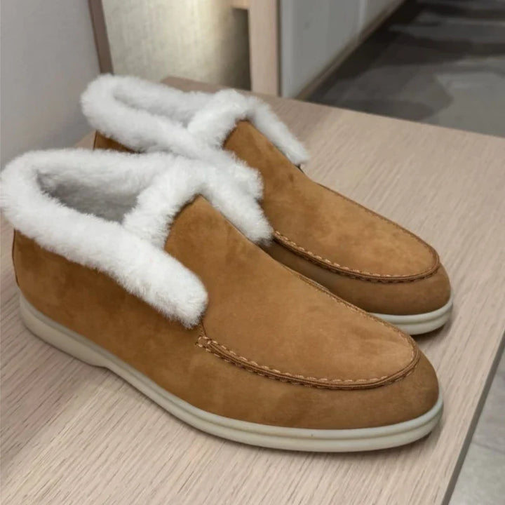 Suede Loafer Boots with Shearling Lining, Moc Toe Slip-On Design and Cushioned Sole