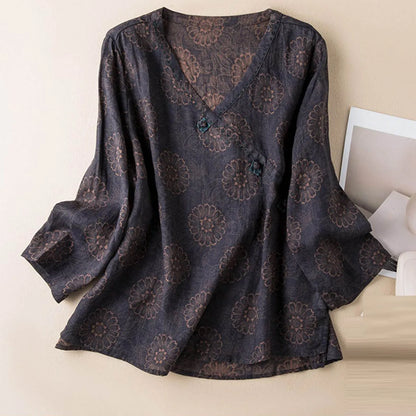 Crosswrap Linen Blend Blouse with Asymmetrical Wrap Design and Relaxed Long Sleeves in Blue