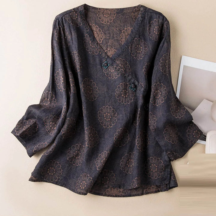 Crosswrap Linen Blend Blouse with Asymmetrical Wrap Design and Relaxed Long Sleeves in Blue