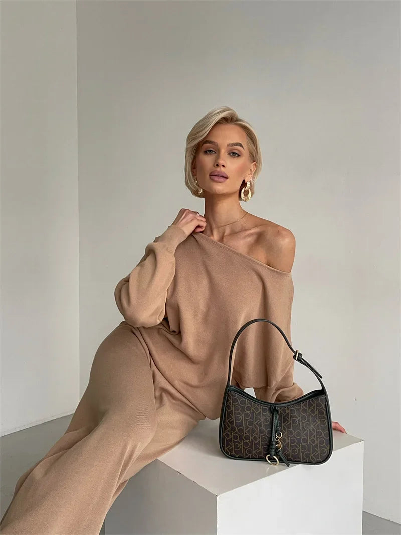 Off-Shoulder Loungewear Knit Set with Soft Flowing Fabric and Relaxed Fit in Camel