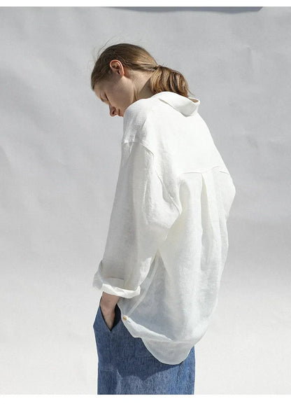 Linen Blouse in Oversized Fit with Turn-Down Collar, 100% Linen Long Sleeve Top for Women