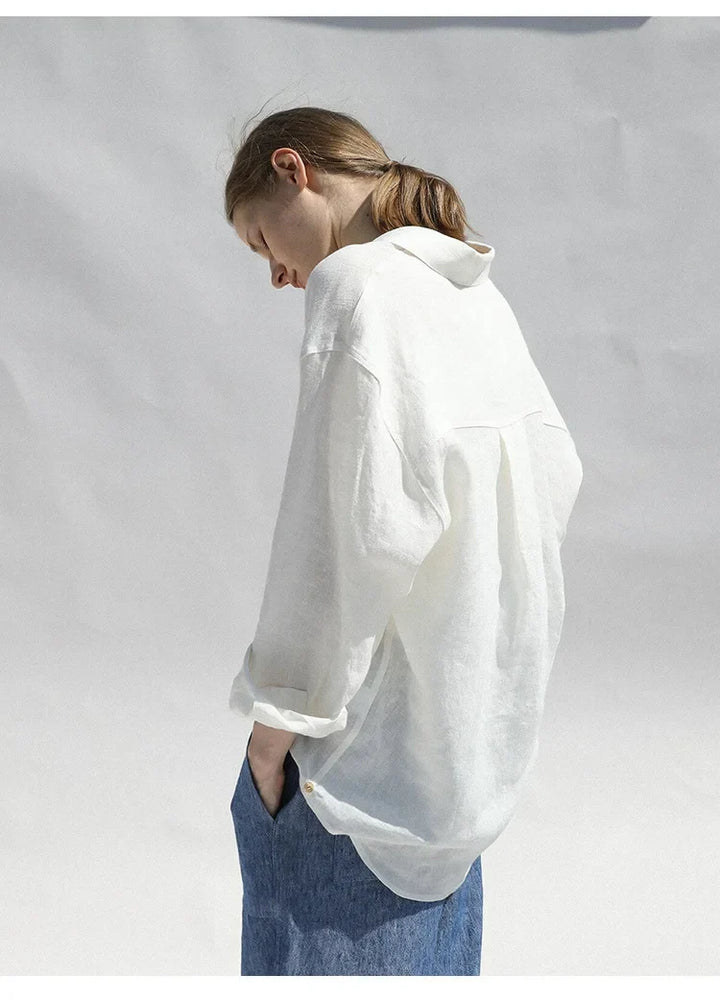 Linen Blouse in Oversized Fit with Turn-Down Collar, 100% Linen Long Sleeve Top for Women