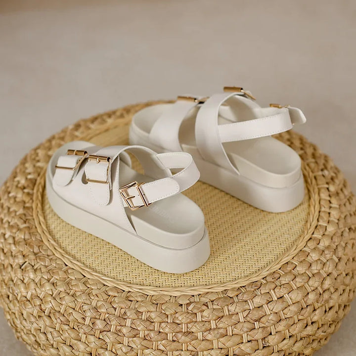 Platform Sandal in Ivory Vegan Leather with Double Buckle Straps and Built-In Supportive Insole