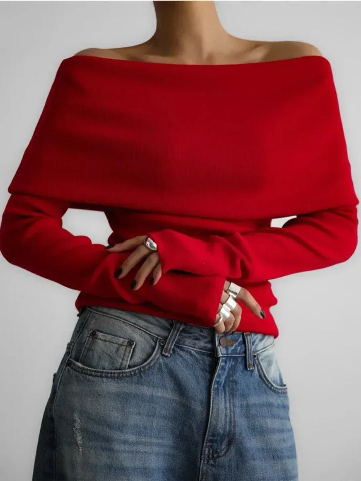 Off-Shoulder Sweater Top with Hand-Knitted Texture and Slim, Body-Skimming Fit