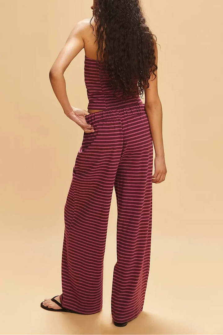 Striped Cotton-Linen Two-Piece Set with Fitted Bandeau Top and Relaxed Wide-Leg Pants