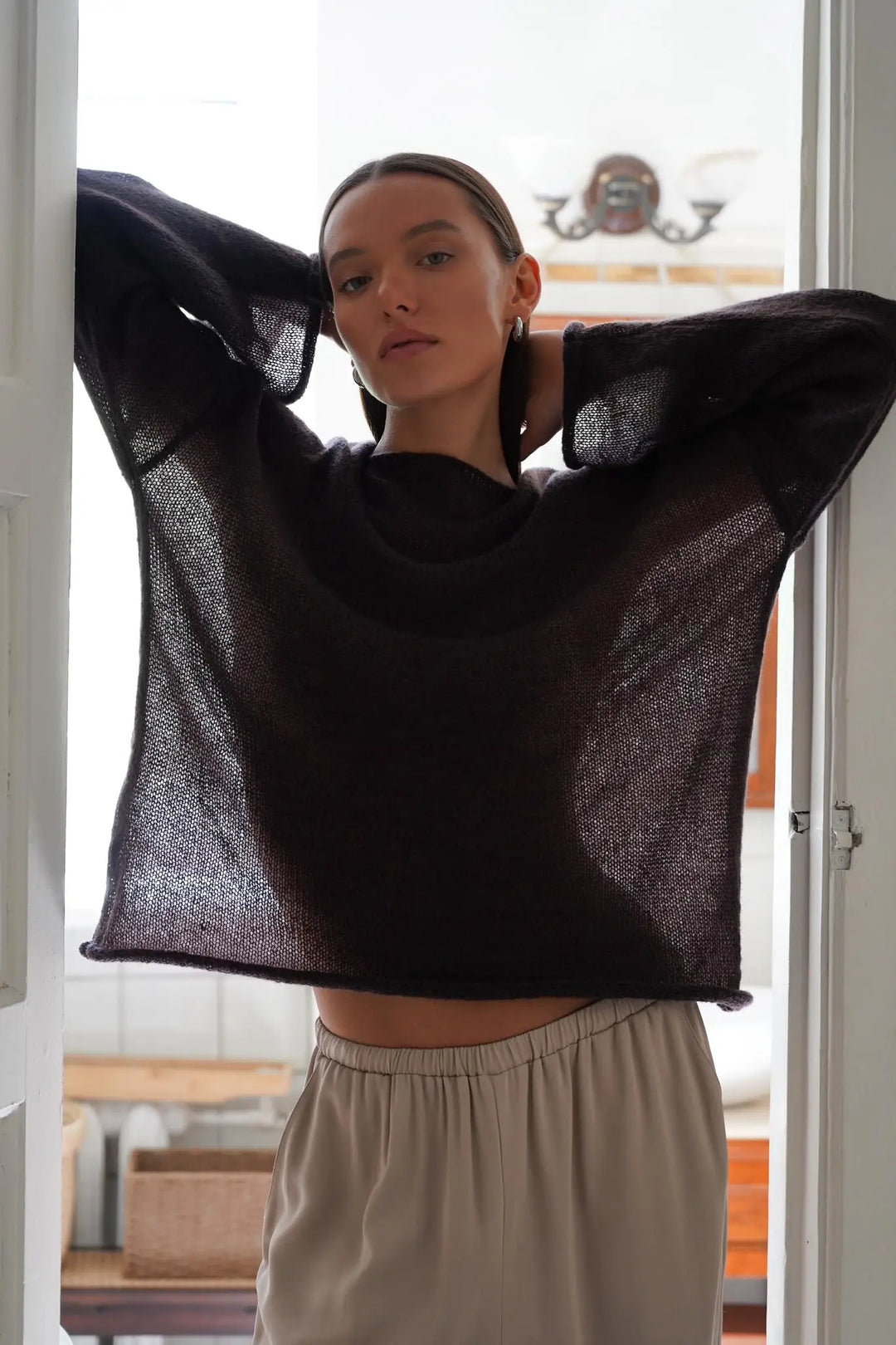 Boatneck Sweater in Merino Wool Blend with Relaxed Fit and Long Sleeves