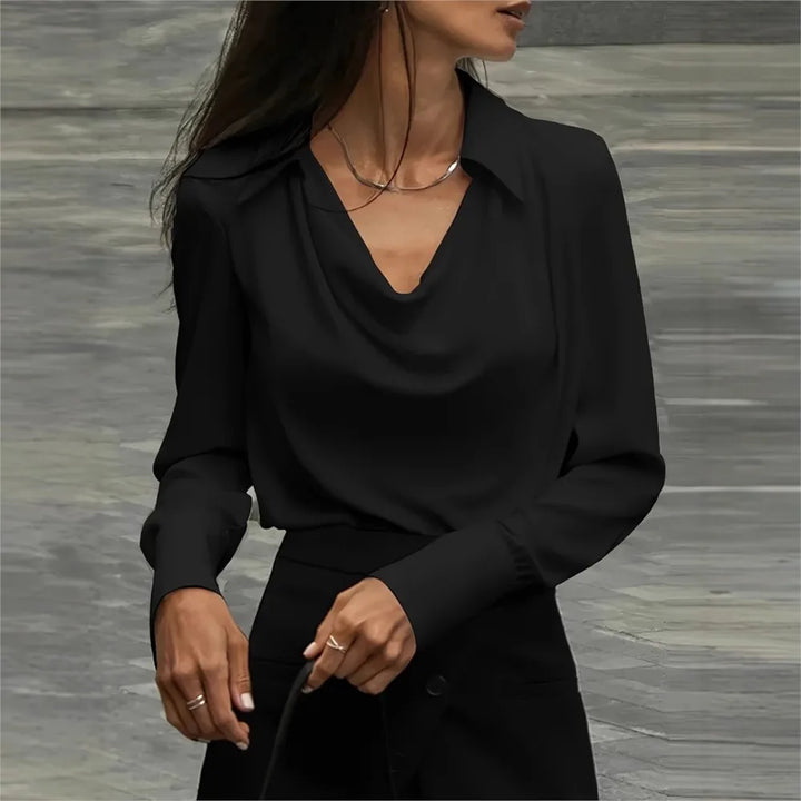 Long Sleeve Blouse with Draped Cowl Neckline, Silk-Blend Satin Finish and Button Cuffs