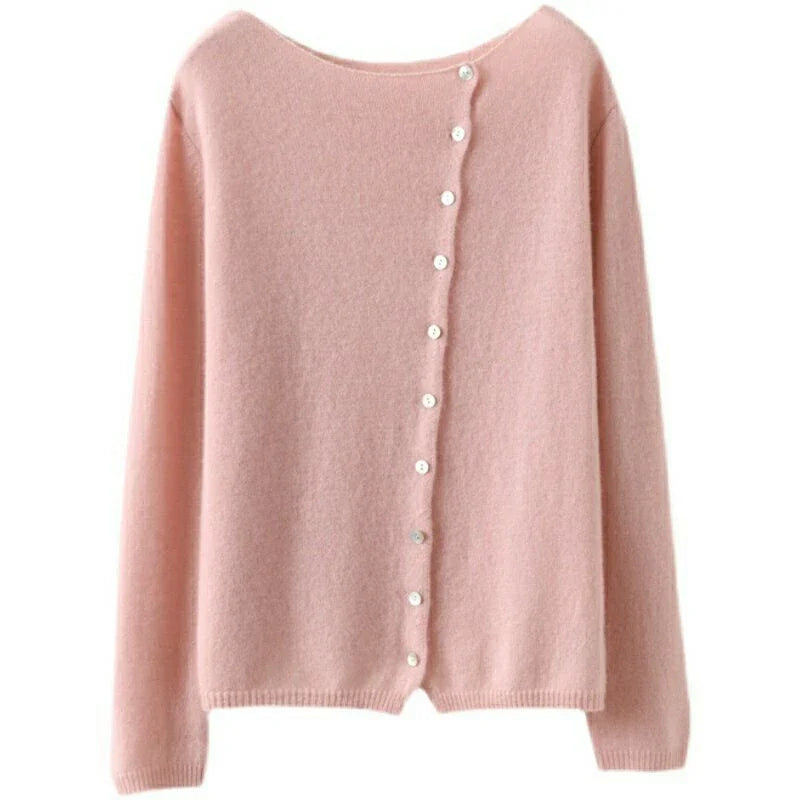 Asymmetric Button Sweater in Khaki Soft Knit with Off-Center Placket Detail and Long Sleeves