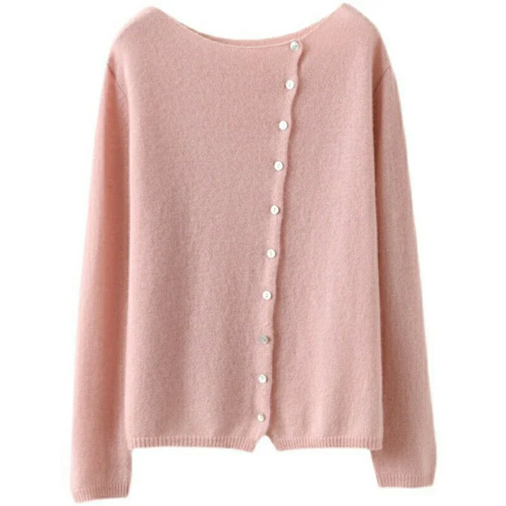 Asymmetric Button Sweater in Khaki Soft Knit with Off-Center Placket Detail and Long Sleeves
