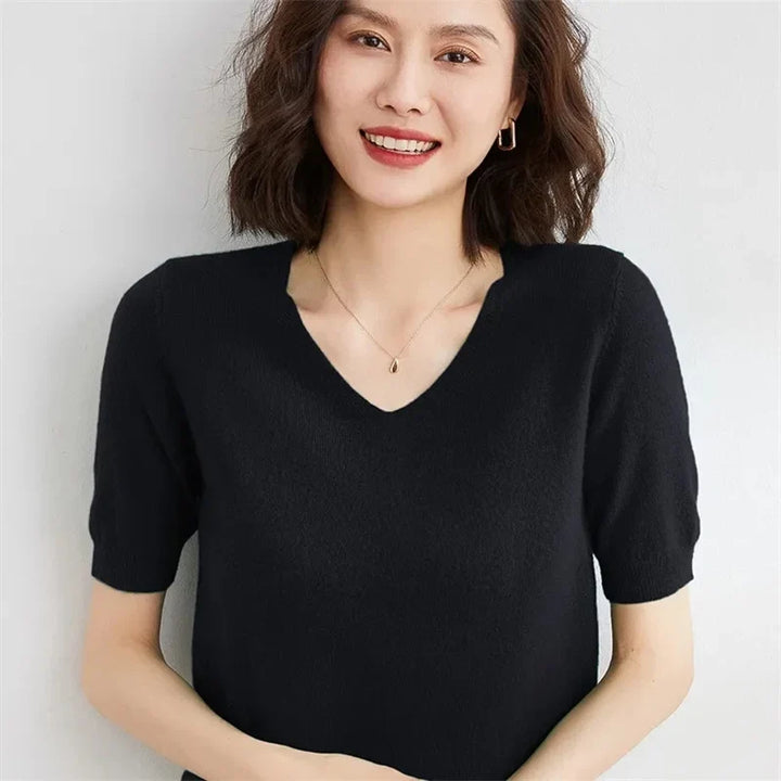 V-Neck Knit Top in Soft Merino Wool Blend with Relaxed Shape-Holding Fit, Khaki