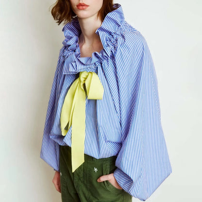 Ruffled Collar Blouse with Oversized Bow Tie and Lantern Sleeves, Checkered Print