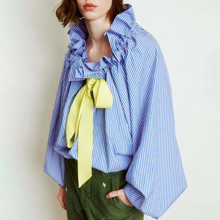 Ruffled Collar Blouse with Oversized Bow Tie and Lantern Sleeves, Checkered Print